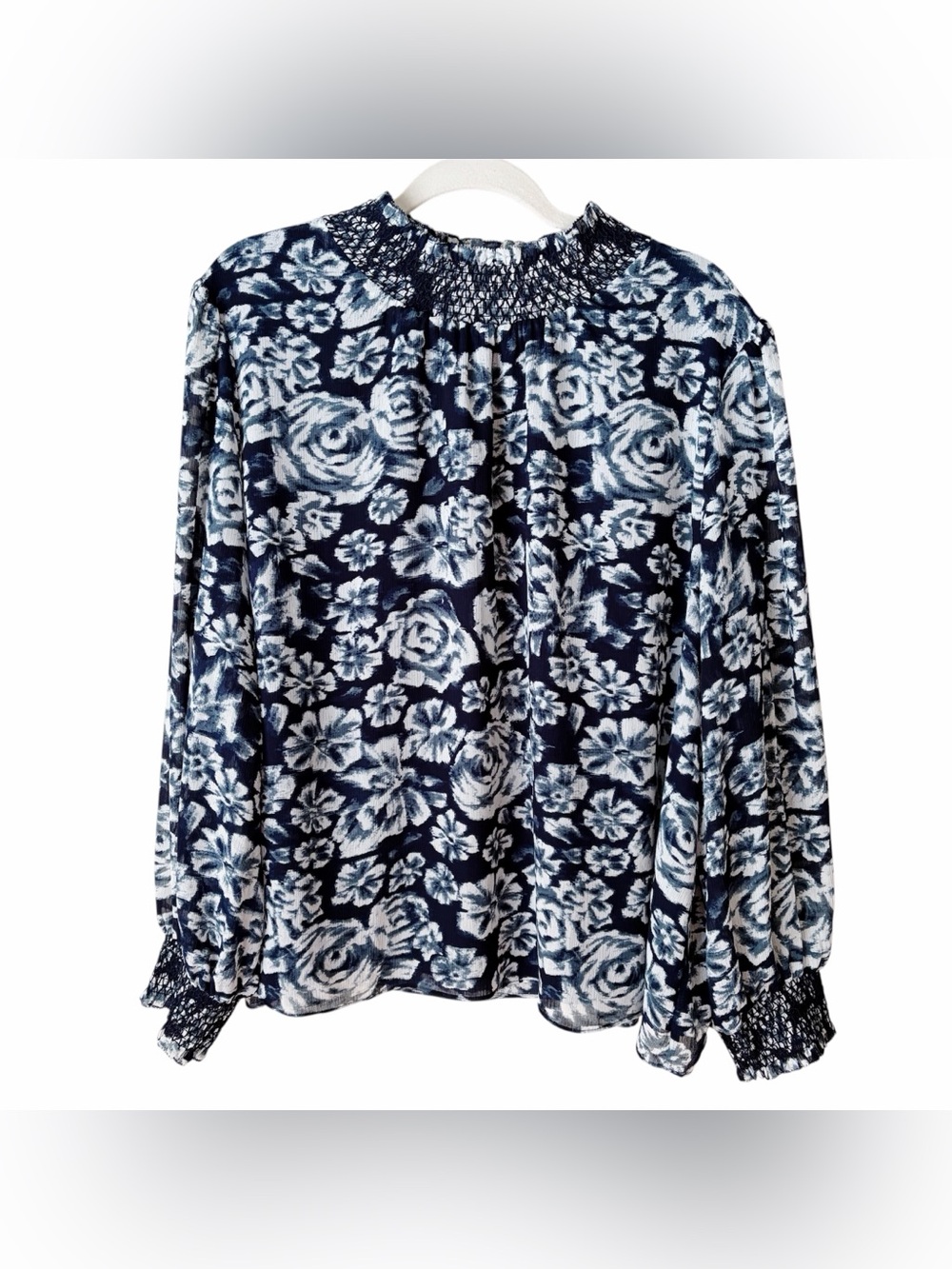 J. Crew | Shaded Floral Crinkle Chiffon Smocked Blouse Top Navy Ivory Plus 3X